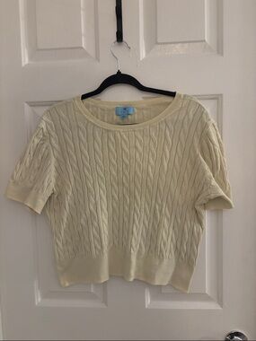 CeCe Ivory Cable Knit Short Sleeve Pullover